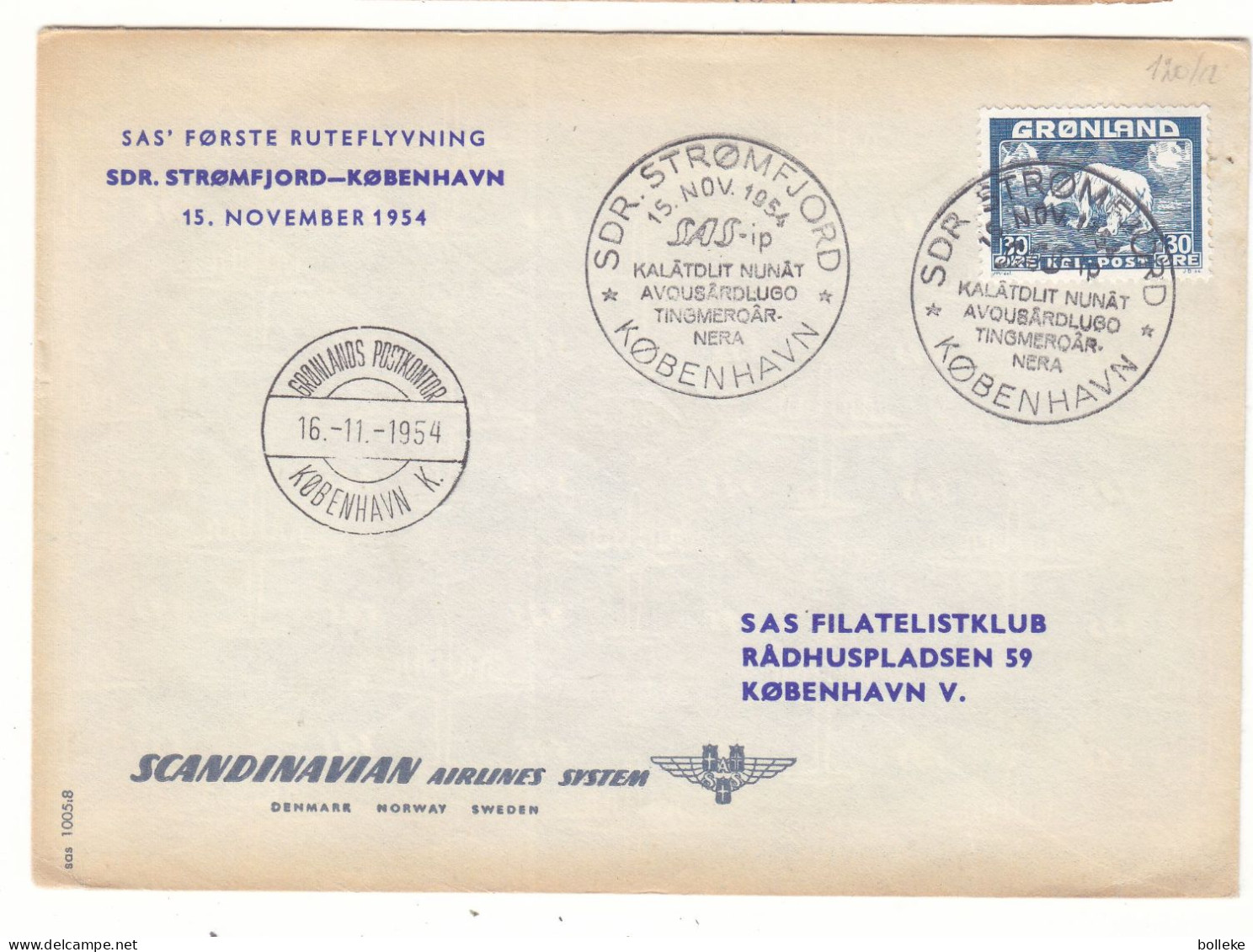 Groenland - Lettre De 1954 - Oblit SDR Stromfjord - 1 Er Vol Stromfjord Kobenhavn - Valeur 90 € En .....2005 - Storia Postale