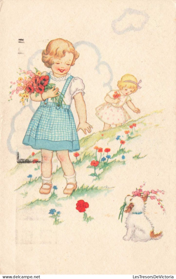 ENFANTS - Dessins D'enfants - Enfants Ramassant Des Fleurs Dans La Prairie - Carte Postale Ancienne - Kindertekeningen