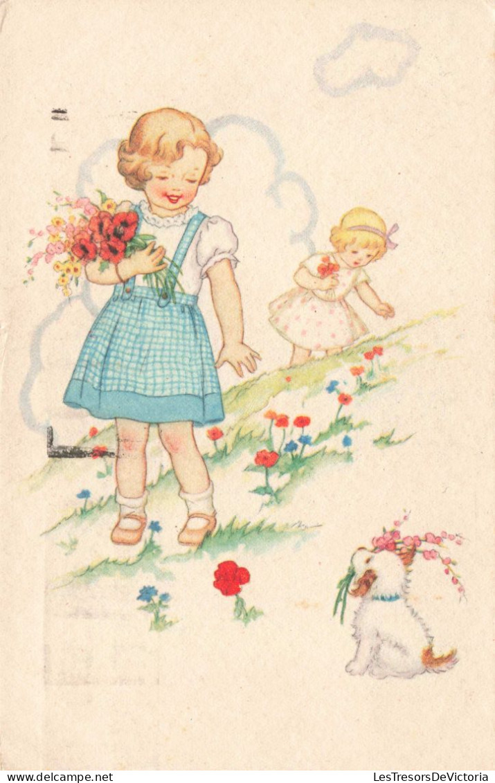 ENFANTS - Dessins D'enfants - Enfants Ramassant Des Fleurs Dans La Prairie - Carte Postale Ancienne - Kinder-Zeichnungen