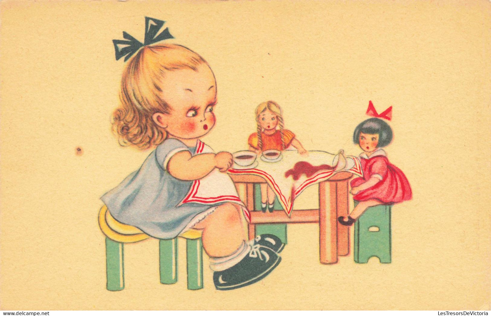 ENFANTS - Dessins D'enfants - Petite Fille Prenant Le Thé Avec Ses Poupées - Carte Postale Ancienne - Kinder-Zeichnungen