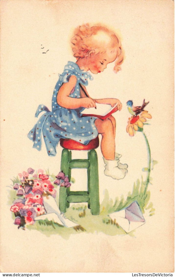 ENFANTS - Dessins D'enfants - Petite Fille Dessinant Assise Sur Un Tabouret - Carte Postale Ancienne - Children's Drawings