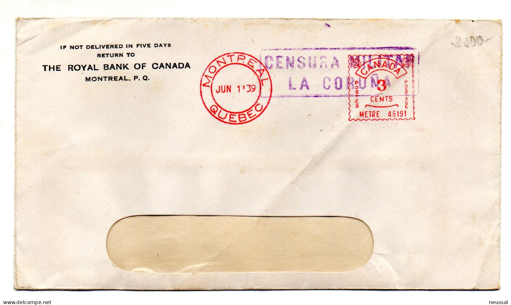 Carta Ccon Matasellos Censura Militar Coruña De 1939 Canada - Covers & Documents