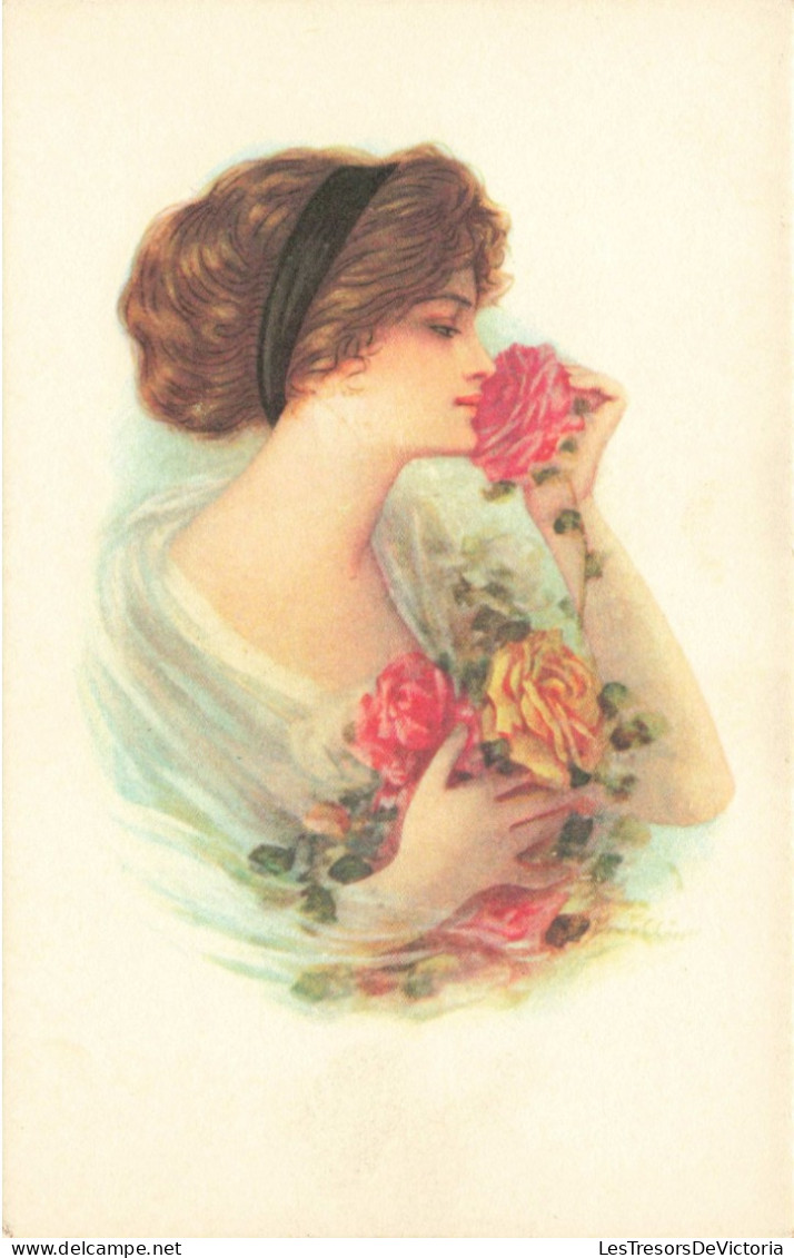 ILLUSTRATION - Femme Humant Une Rose - Bouquet De Roses -  Carte Postale Ancienne - Non Classés