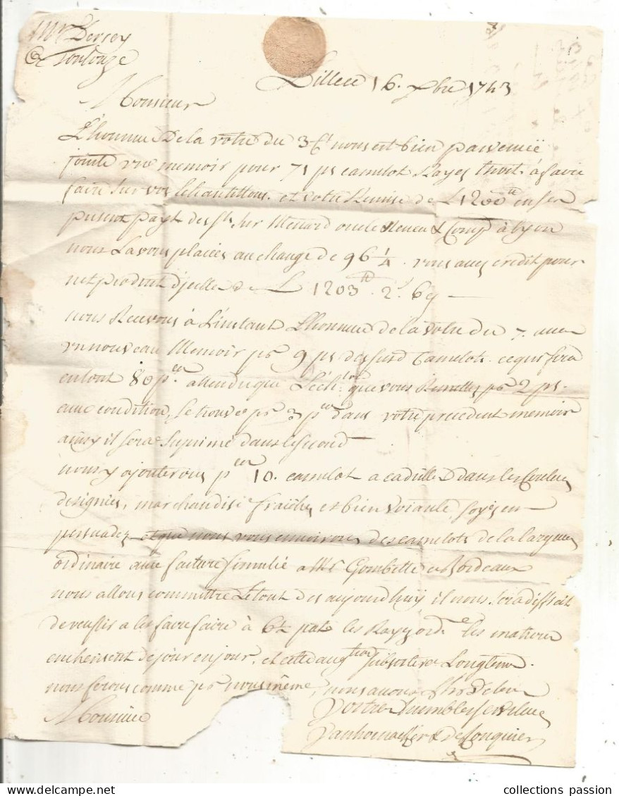 Lettre, Préphilatélie XVIII E Siècle, 1743, LILLE à TOULOUZE, 2 Scans - 1701-1800: Voorlopers XVIII