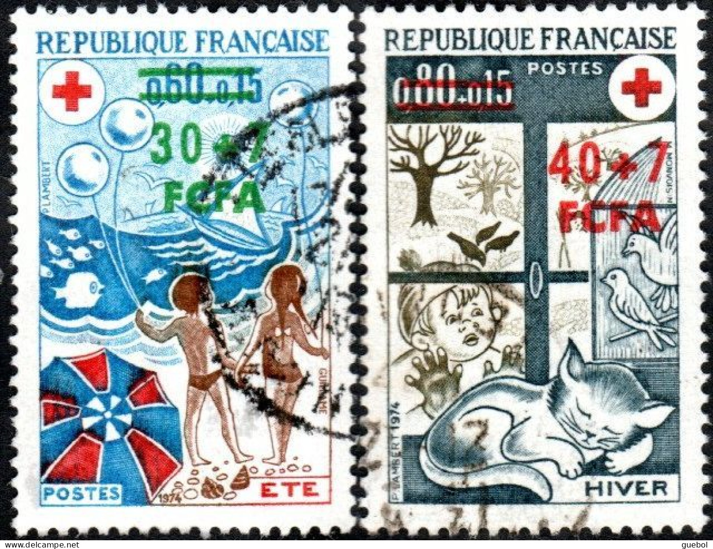 Réunion Obl. N° 431 Et 432 - Croix Rouge - Les Saisons - Chats - Plage - Usati