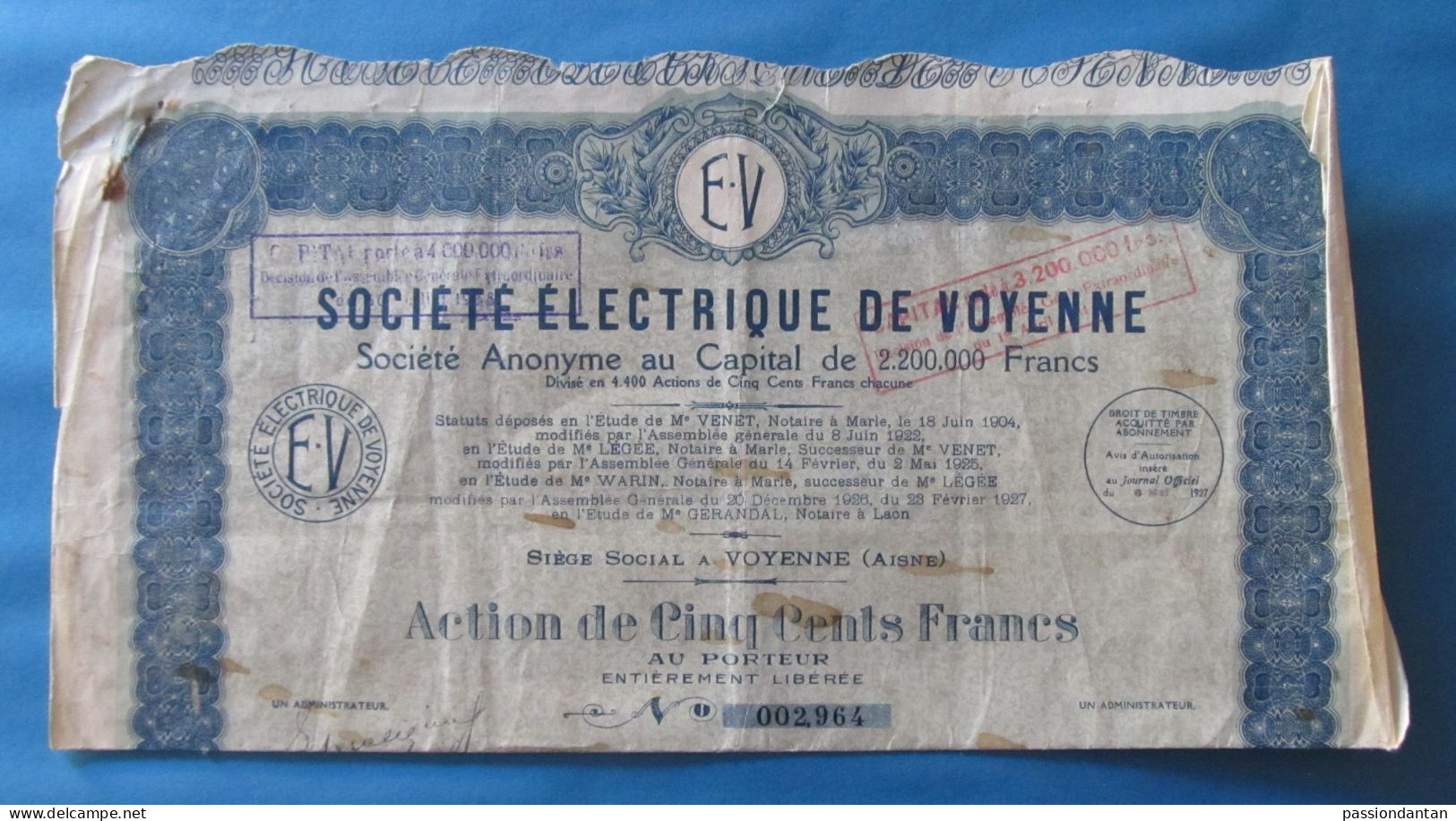 Deux Certificats D'Actions De 500 Francs - Aisne - Voyenne - Société Électrique De Voyenne - Electricidad & Gas