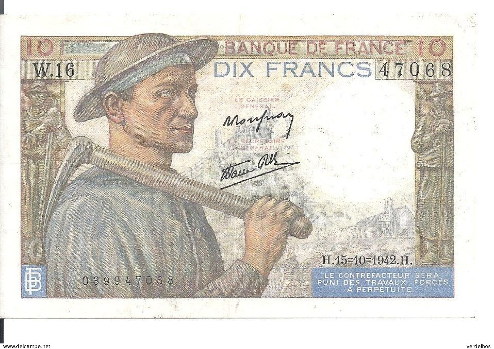 FRANCE 10 FRANCS 1942 AUNC P 99 D - 10 F 1941-1949 ''Mineur''