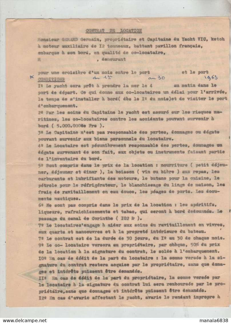 Contrat De Location Gérard  Yacht Vic Ketch Croisière 1963 Gervic Mazagan - Non Classés