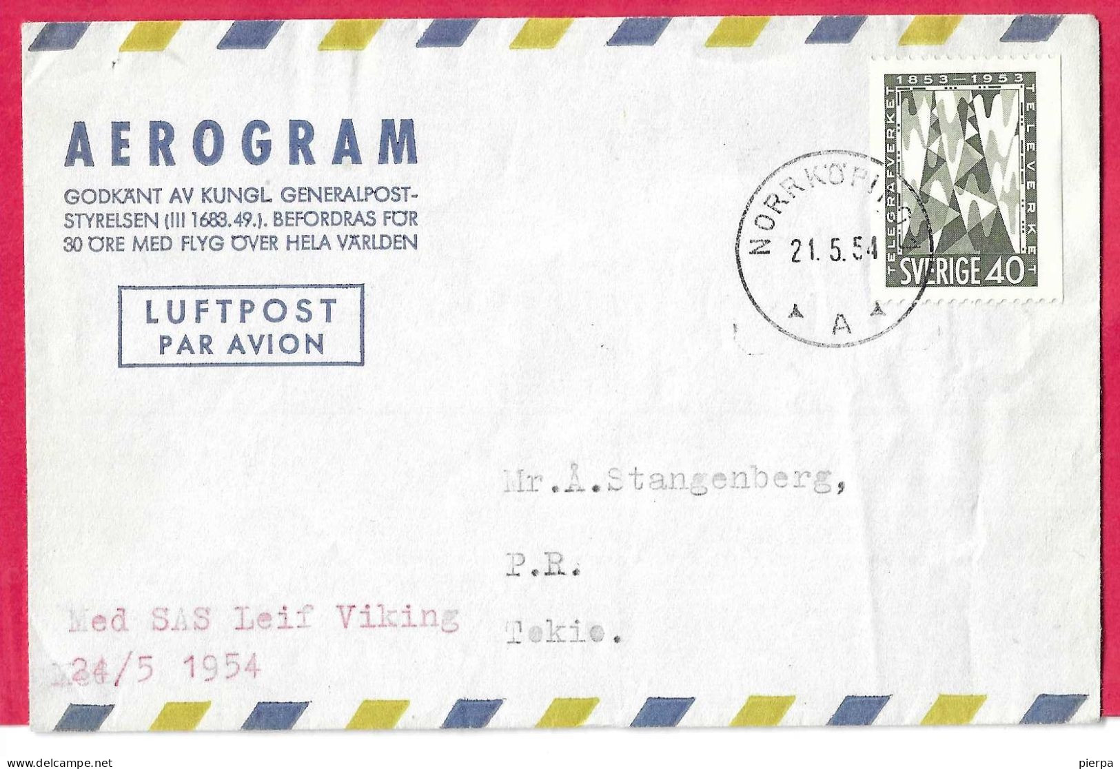 SVERIGE - FIRST FLIGHT FROM NORKOPING TO TOKYO *21.5.54* ON AEROGRAM - Covers & Documents