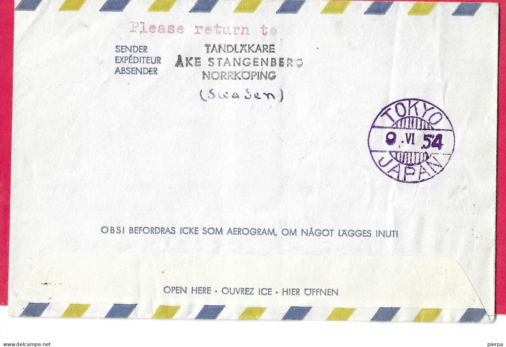 SVERIGE - FIRST FLIGHT FROM NORKOPING TO TOKYO *21.5.54* ON AEROGRAM - Cartas & Documentos