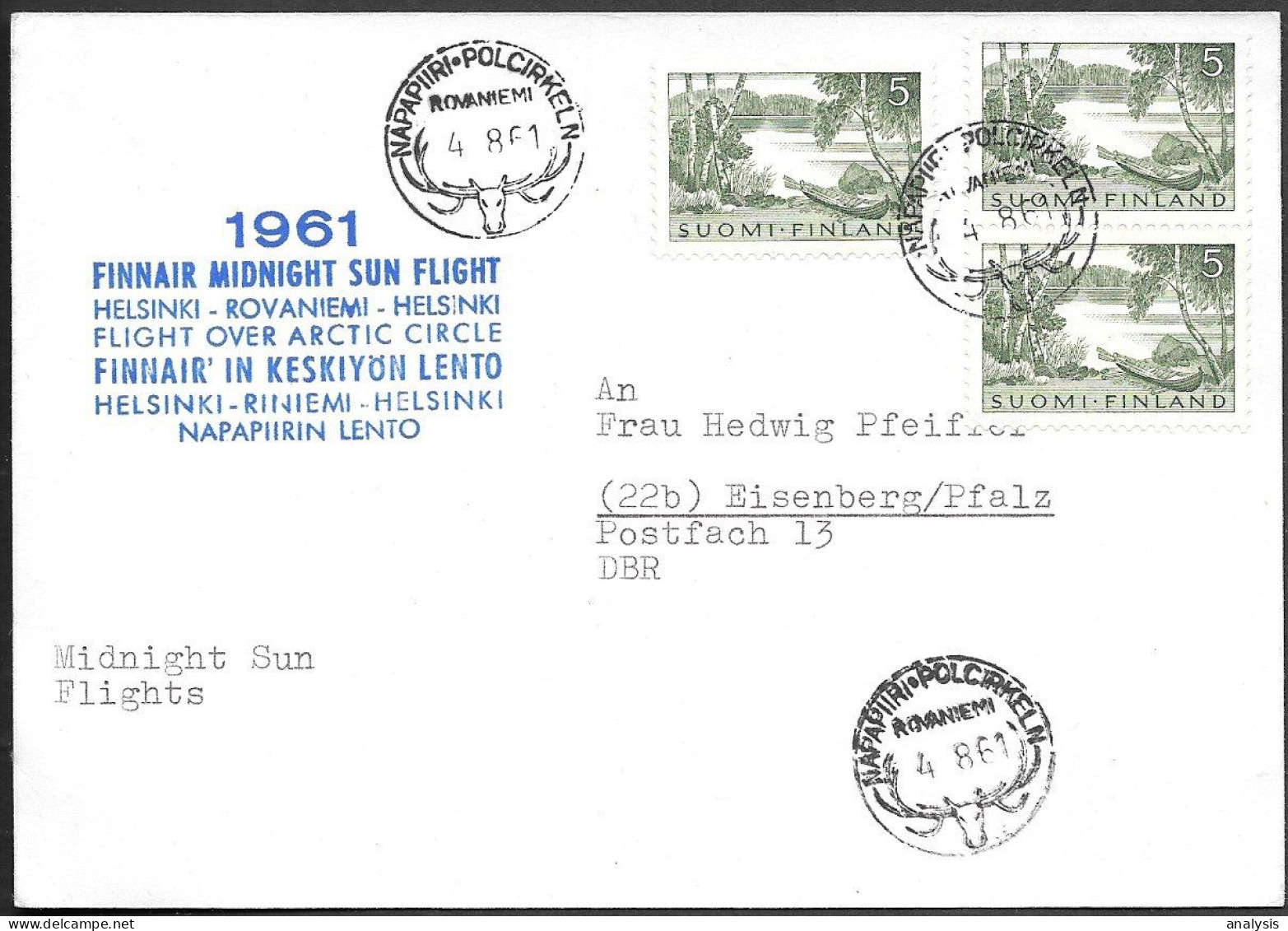 Finland Flight Over Arctic Circle Postcard 1961. Finnair Helsinki - Rovaniemi - Cartas & Documentos