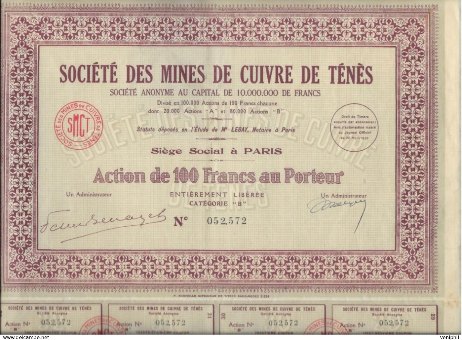 MINES DE CUIVRE DE TENES - ALGERIE  - ACTION DE 100 FRS  CATEGORIE B -  ANNEE 1930 - Mijnen