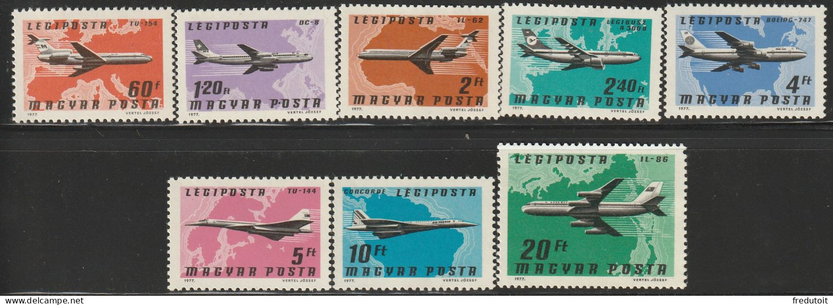 HONGRIE - Poste Aérienne N°392/9 ** (1977) Avions Commerciaux - Nuevos