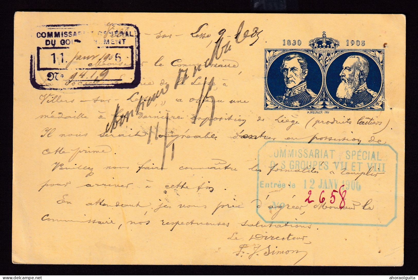 DDEE 523 - Entier Postal Armoiries VILLERS SUR LESSE 1906 Vers EXPO De LIEGE -  2 Cachets Commissariats Du Gouvernement - 1905 – Liège (Belgique)