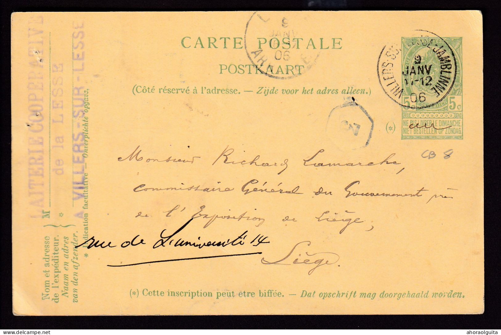 DDEE 523 - Entier Postal Armoiries VILLERS SUR LESSE 1906 Vers EXPO De LIEGE -  2 Cachets Commissariats Du Gouvernement - 1905 – Liège (Belgique)