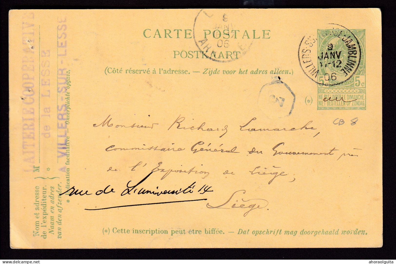 DDEE 523 - Entier Postal Armoiries VILLERS SUR LESSE 1906 Vers EXPO De LIEGE -  2 Cachets Commissariats Du Gouvernement - 1905 – Liège (Belgium)