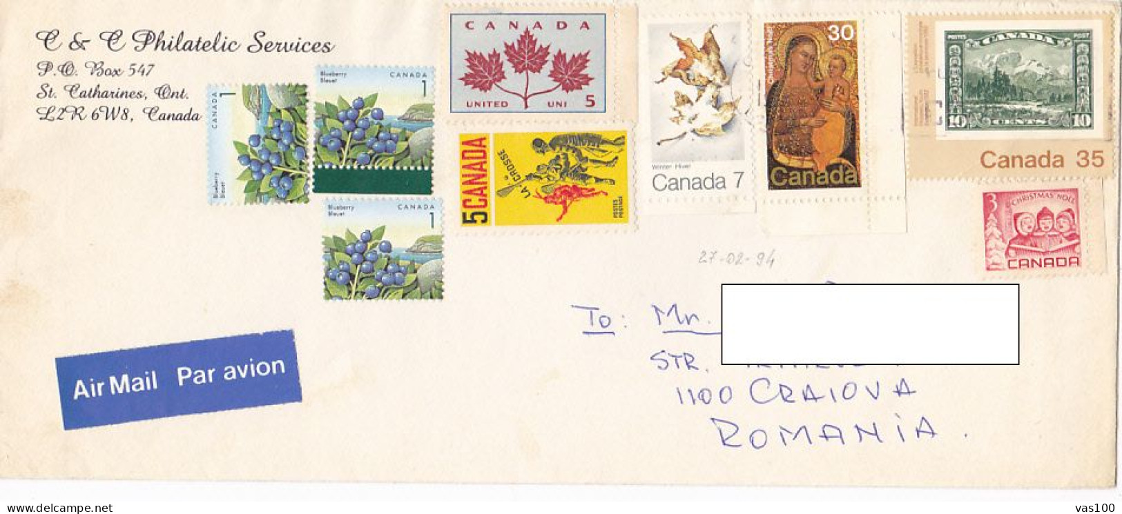 BLUEBERRY, MAPLE LEAF, LACROSSE, WINTER, CHRISTMAS, LANDSCAPE, STAMPS ON COVER, 1994, CANADA - Brieven En Documenten