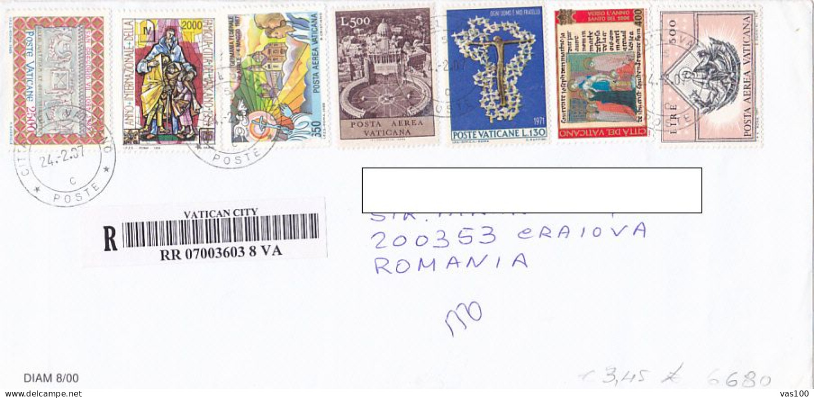 POPES, SAN PIETRO SQUARE AND BASILICA, FINE STAMPS ON REGISTERED COVER, 2007, VATICAN - Storia Postale
