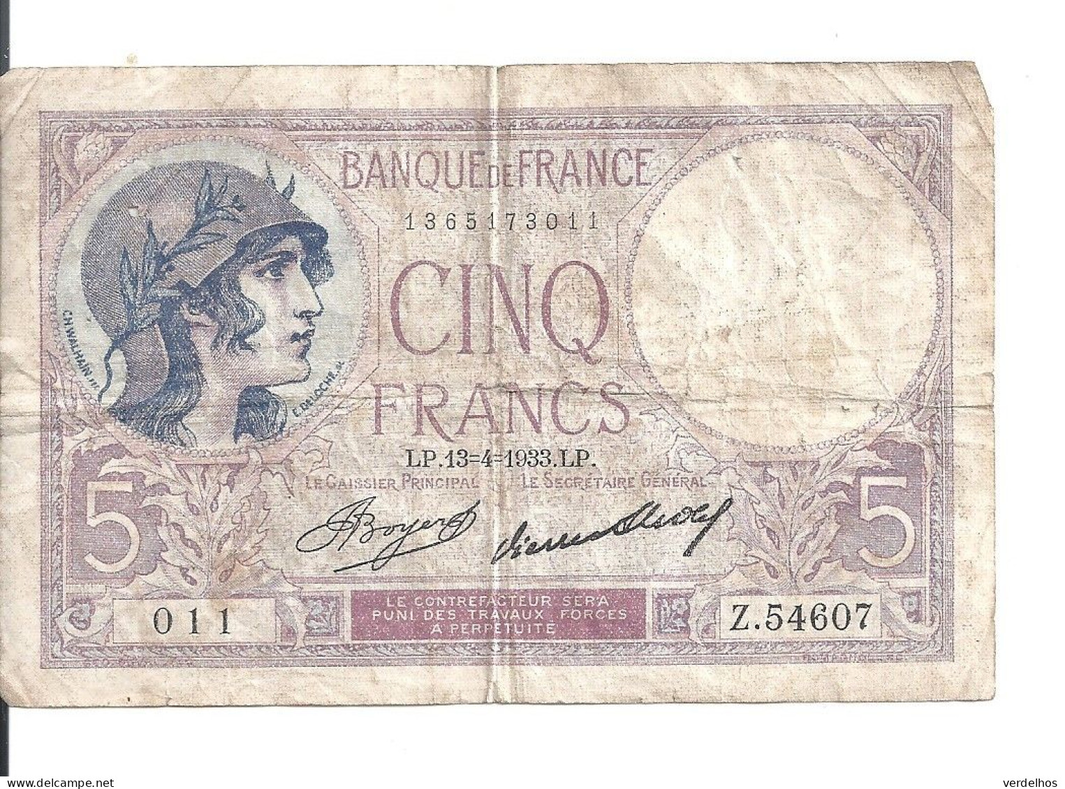 FRANCE 5 FRANCS 1933 VG+ P 72 E - 5 F 1917-1940 ''Violet''