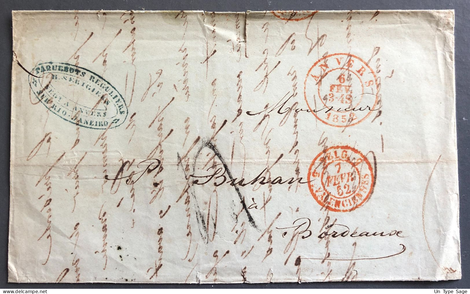 France, TAD BELG. VALANCIENNES 7.2.1852, Sur Lettre D'Anvers Pour Bordeaux - (A1335) - Entry Postmarks