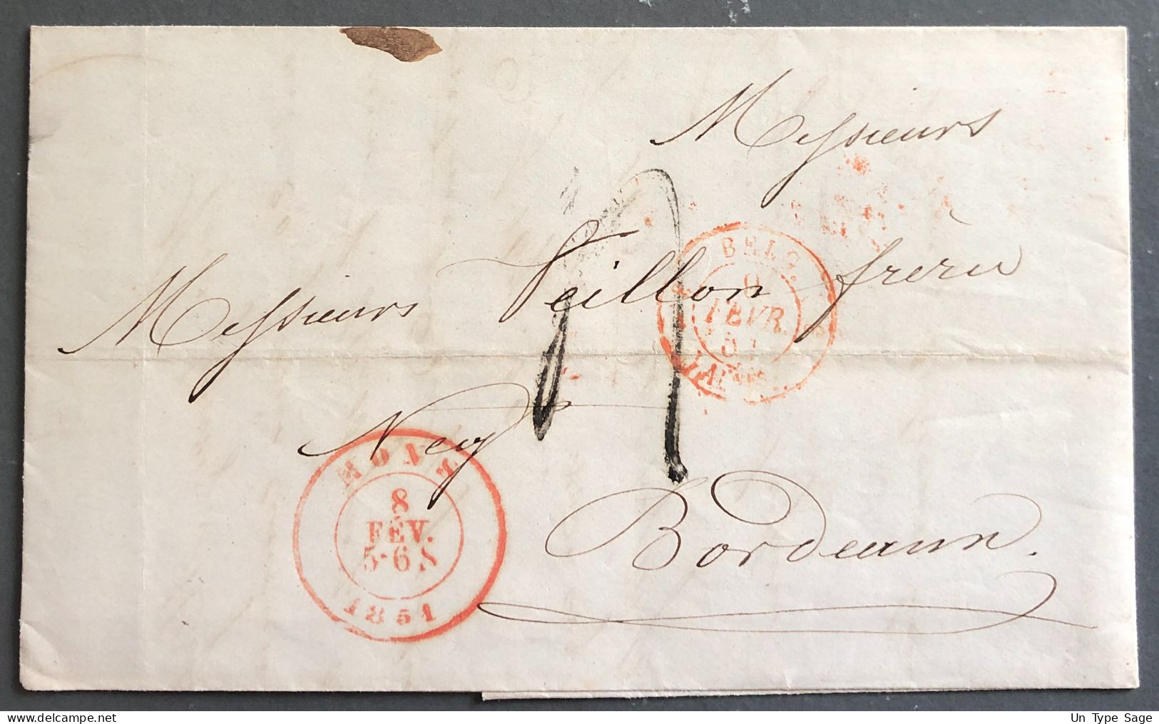 France, TAD BELG. VALANCIENNES 8.2.1851, Sur Lettre Se Mons Pour Bordeaux - (A1352) - Entry Postmarks