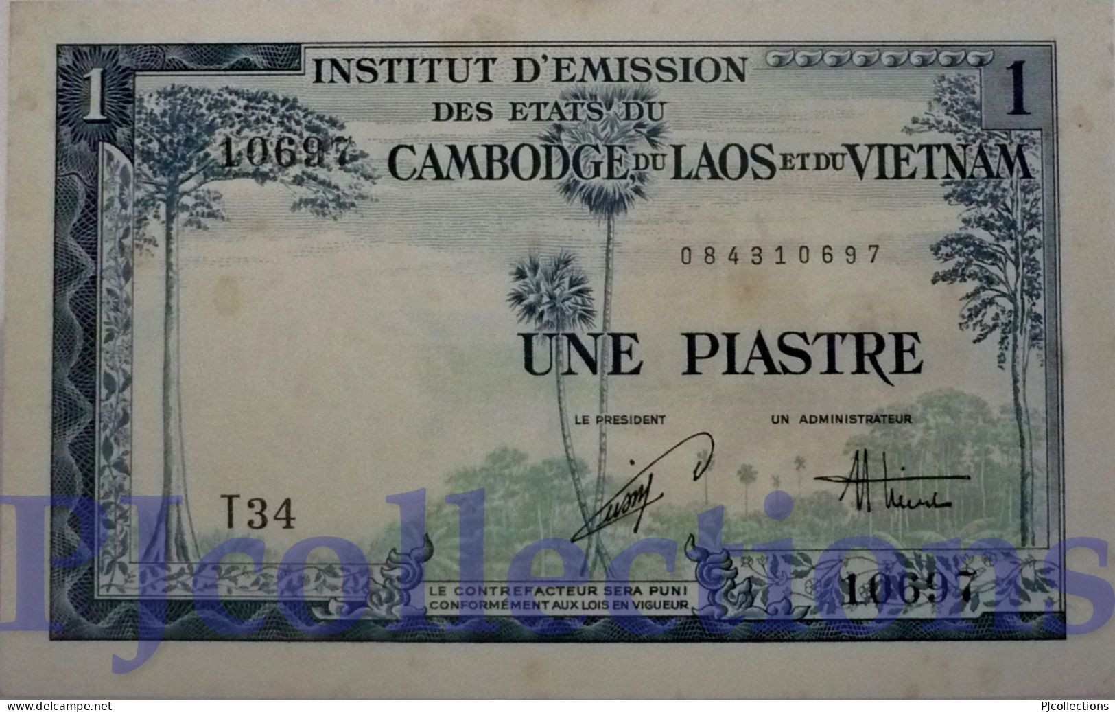 FRENCH INDOCHINA 1 PIASTRE 1954 PICK 105 AU/UNC W/LIGHT STAINS - Indochine