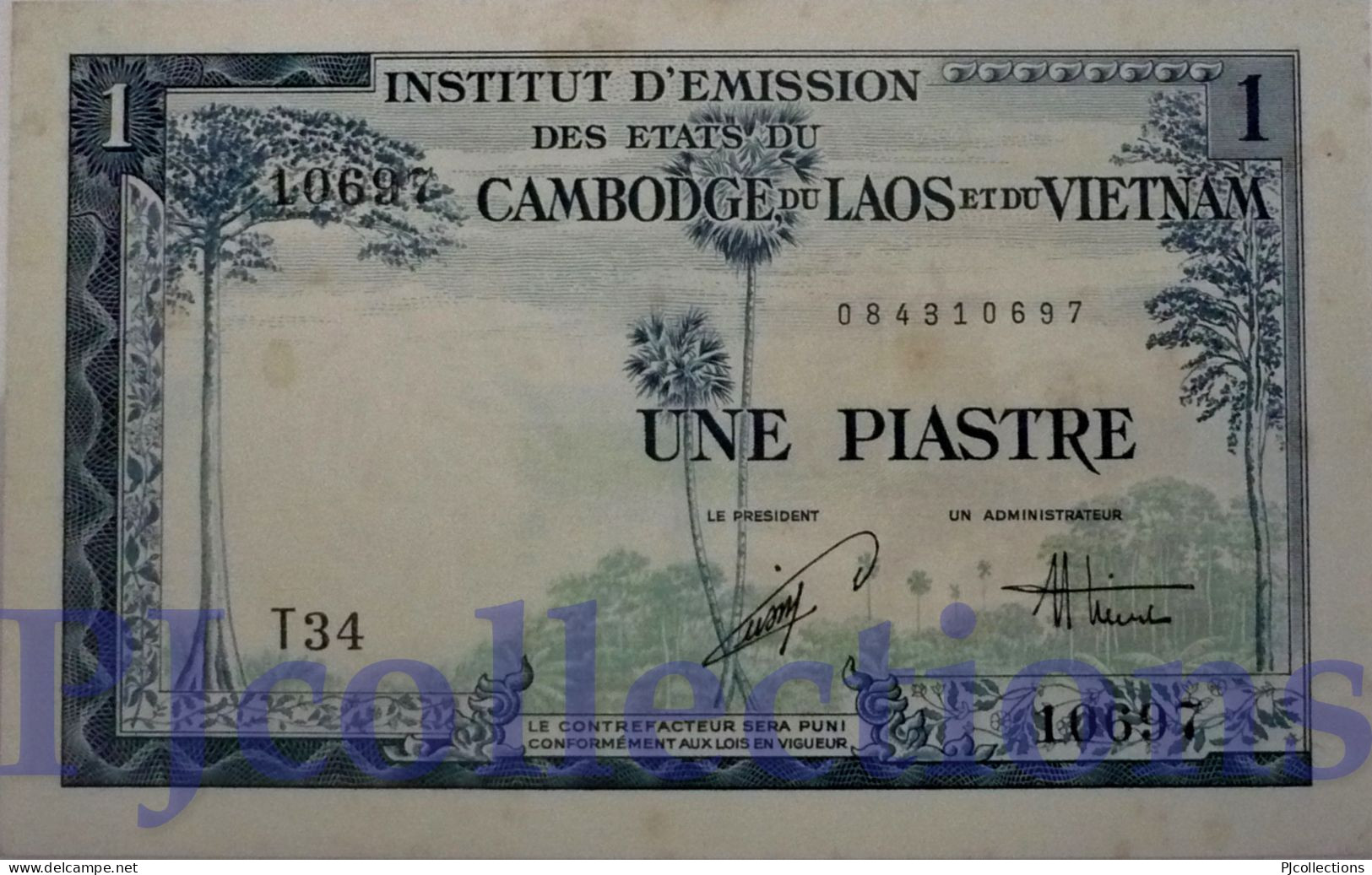 FRENCH INDOCHINA 1 PIASTRE 1954 PICK 105 AU/UNC W/LIGHT STAINS - Indocina