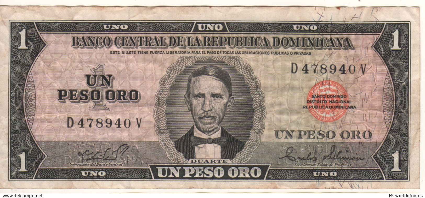 DOMINICAN   Republic  1  Peso Oro     P108a   Dated 1975 "Juan Pablo Duarte Y Díez + Liberty At Back" - Dominicana