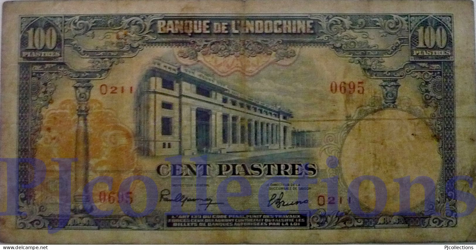 FRENCH INDOCHINA 100 PIASTRE 1946 PICK 79a F/VF RARE W/PINHOLES - Indochina