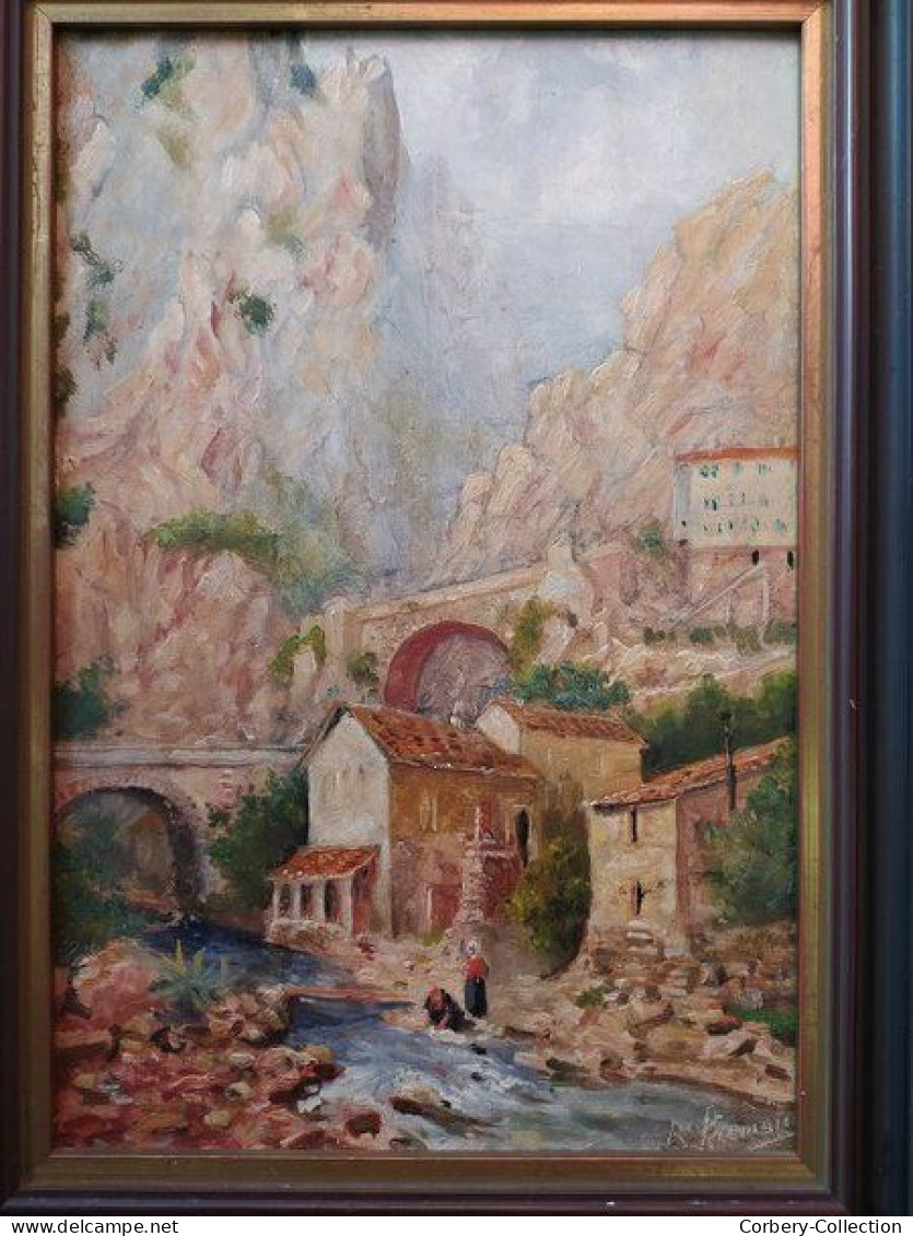 Tableau ROBERT FREMONT Peintre Normand Paysage Pont Saint-Louis Menton Lavandières. - Huiles