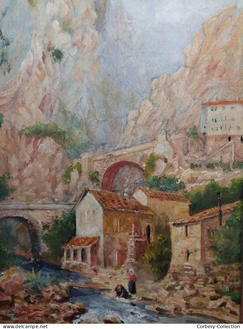 Tableau ROBERT FREMONT Peintre Normand Paysage Pont Saint-Louis Menton Lavandières. - Huiles