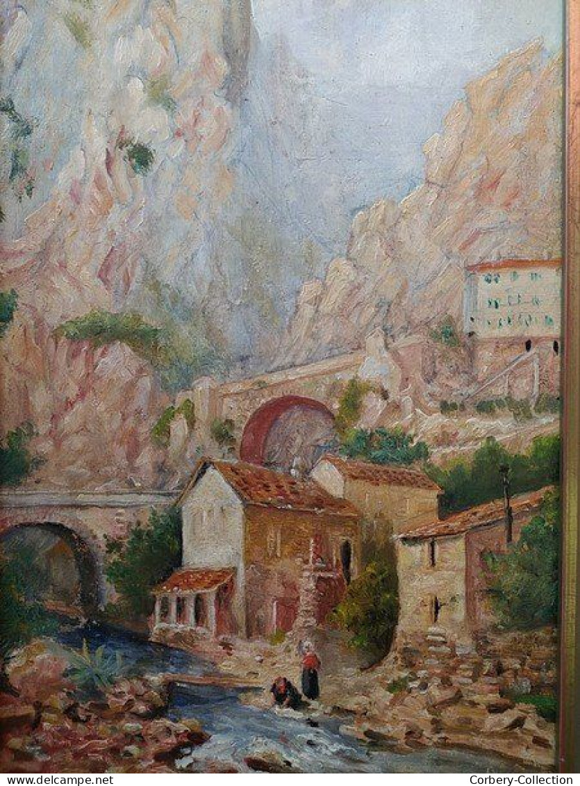 Tableau ROBERT FREMONT Peintre Normand Paysage Pont Saint-Louis Menton Lavandières.