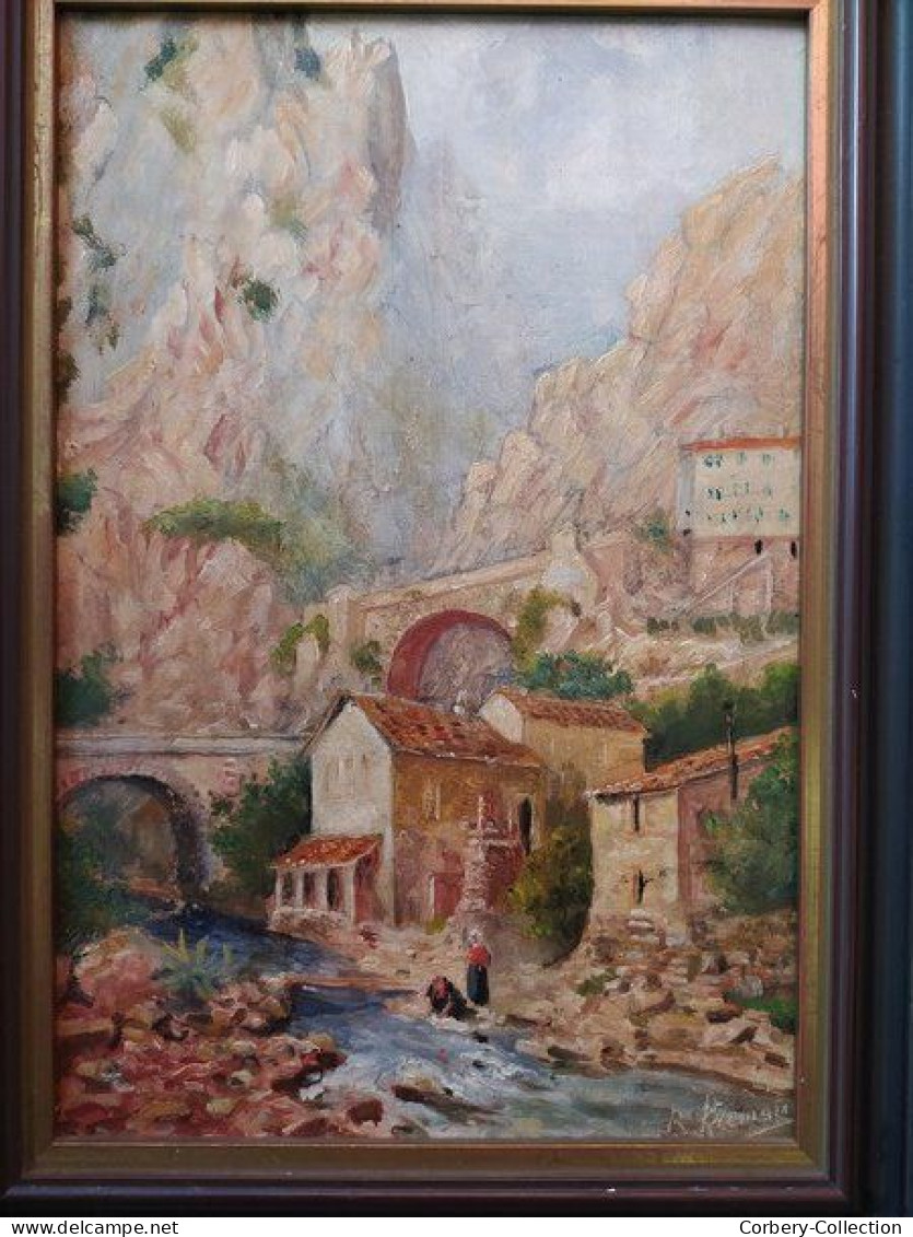 Tableau ROBERT FREMONT Peintre Normand Paysage Pont Saint-Louis Menton Lavandières.