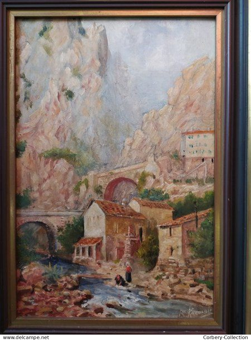 Tableau ROBERT FREMONT Peintre Normand Paysage Pont Saint-Louis Menton Lavandières.