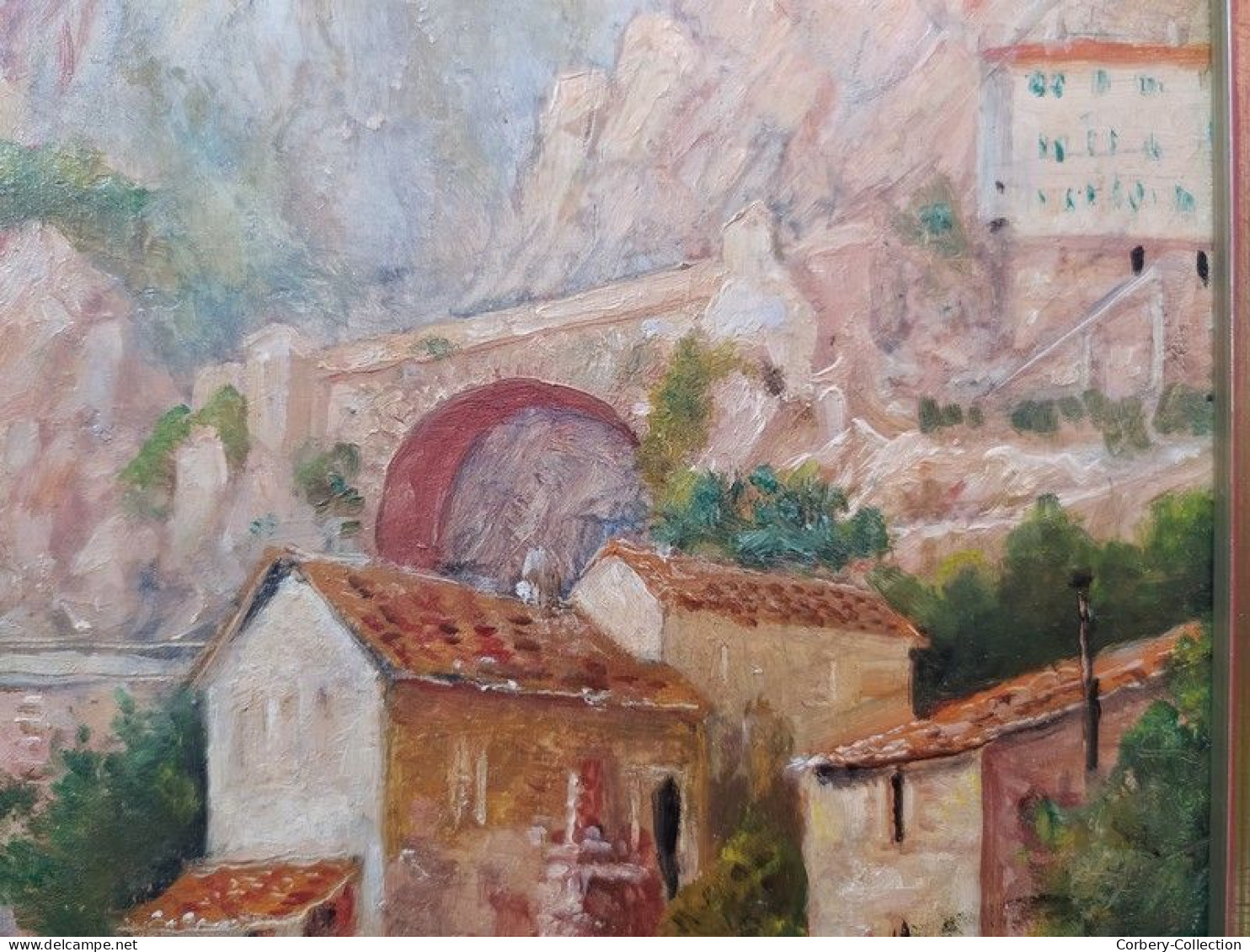 Tableau ROBERT FREMONT Peintre Normand Paysage Pont Saint-Louis Menton Lavandières.