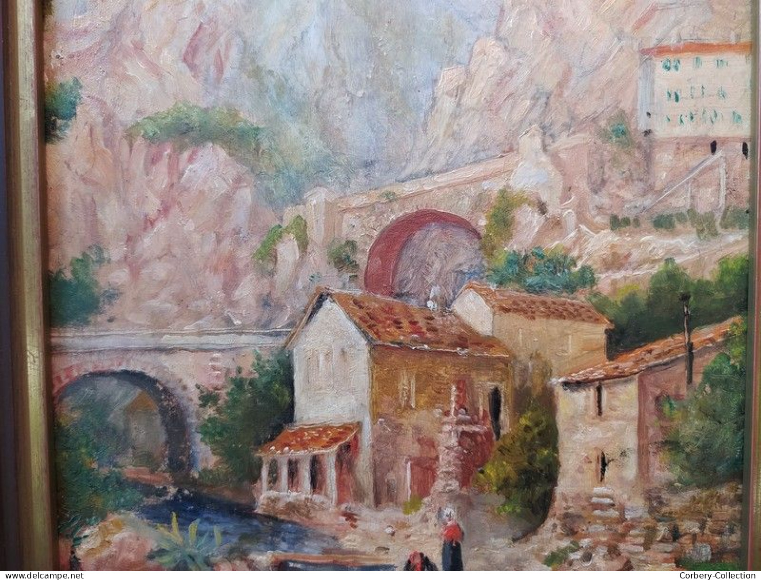 Tableau ROBERT FREMONT Peintre Normand Paysage Pont Saint-Louis Menton Lavandières.