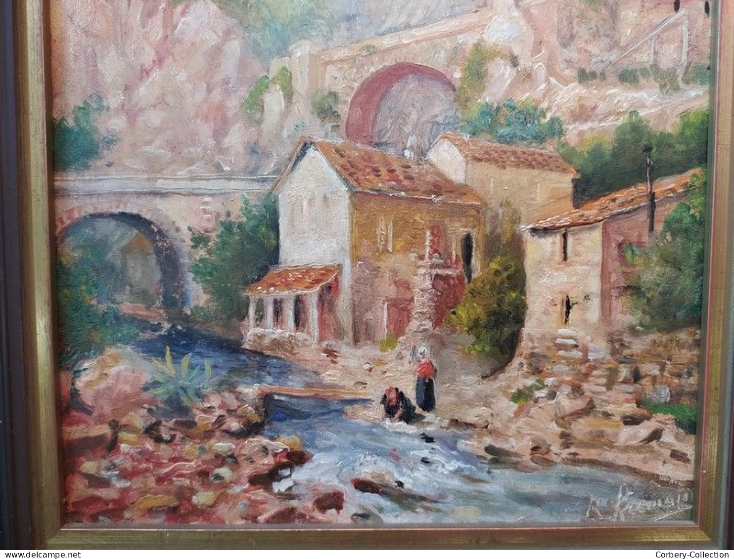 Tableau ROBERT FREMONT Peintre Normand Paysage Pont Saint-Louis Menton Lavandières.