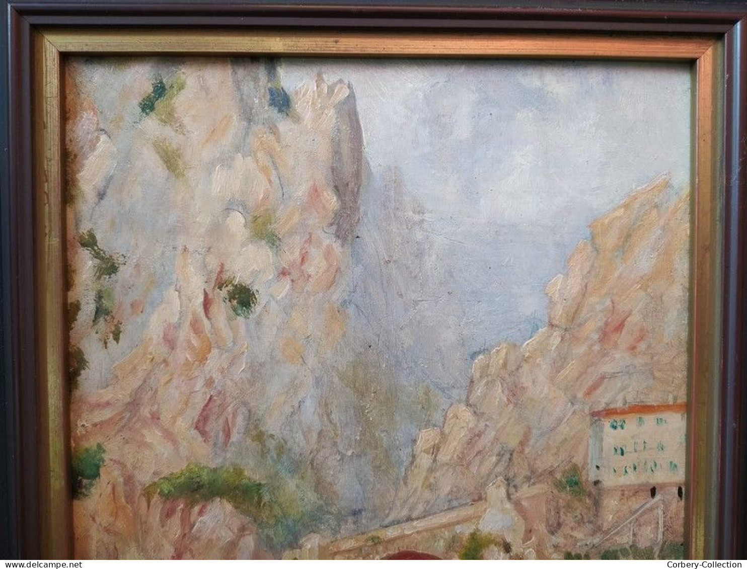 Tableau ROBERT FREMONT Peintre Normand Paysage Pont Saint-Louis Menton Lavandières.