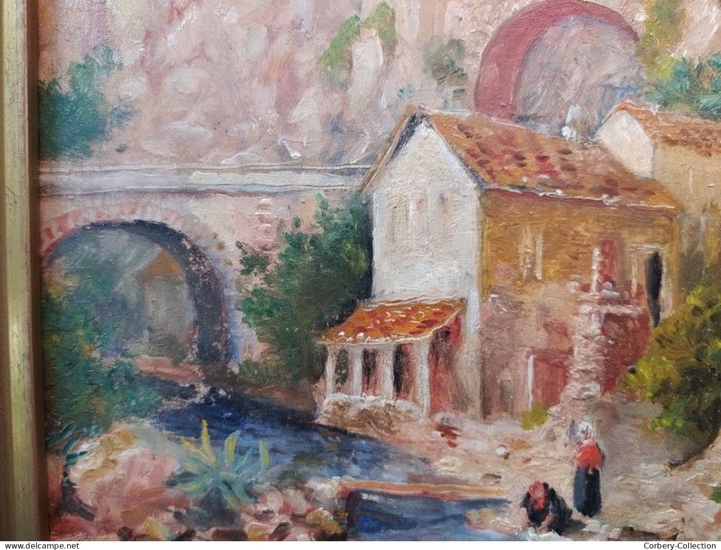 Tableau ROBERT FREMONT Peintre Normand Paysage Pont Saint-Louis Menton Lavandières.