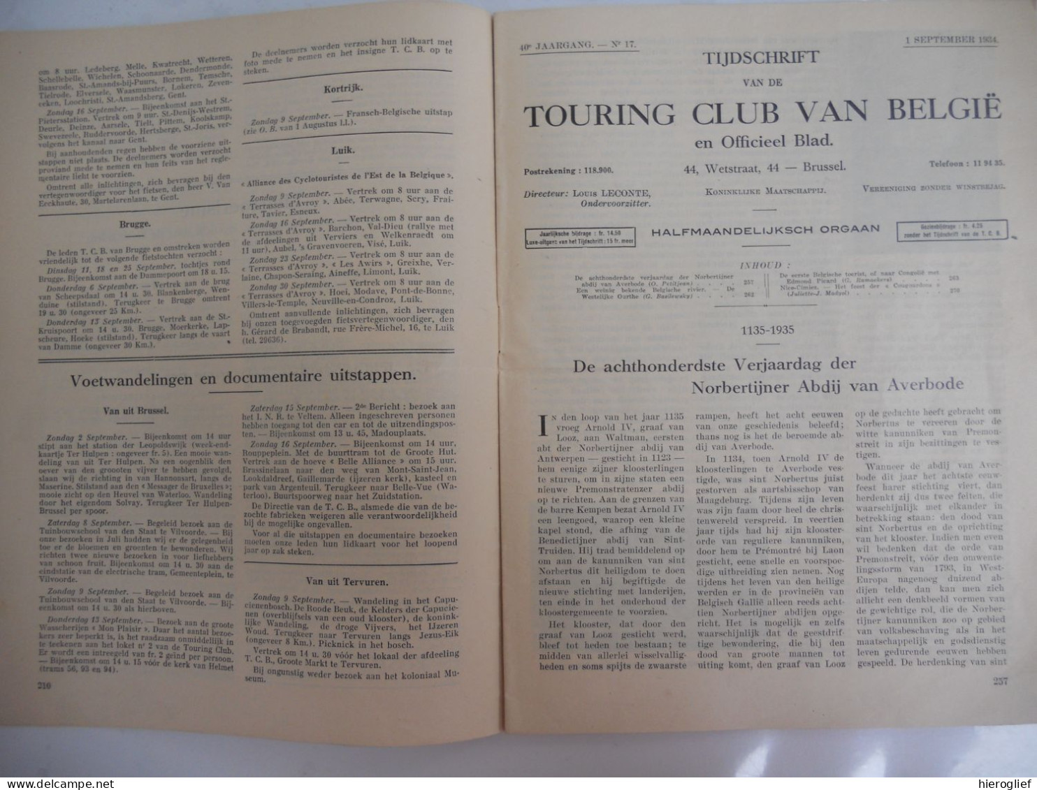 TOURING CLUB VAN BELGIË 1 September 1934 / 800 Jaar Norbertijner Abdij Averbode / Naar Congolië Congo Kongo - Altri & Non Classificati