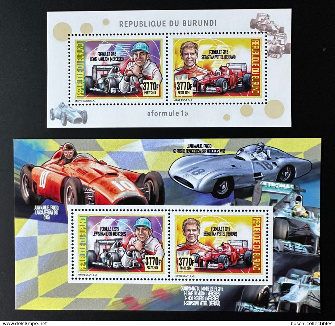 Burundi 2014 / 2015 Mi. 3499 - 3500 Bl. 512 - 513 Formule 1 Formula One Formel Eins Hamilton Vettel Ferrari Mercedes Car - Unused Stamps
