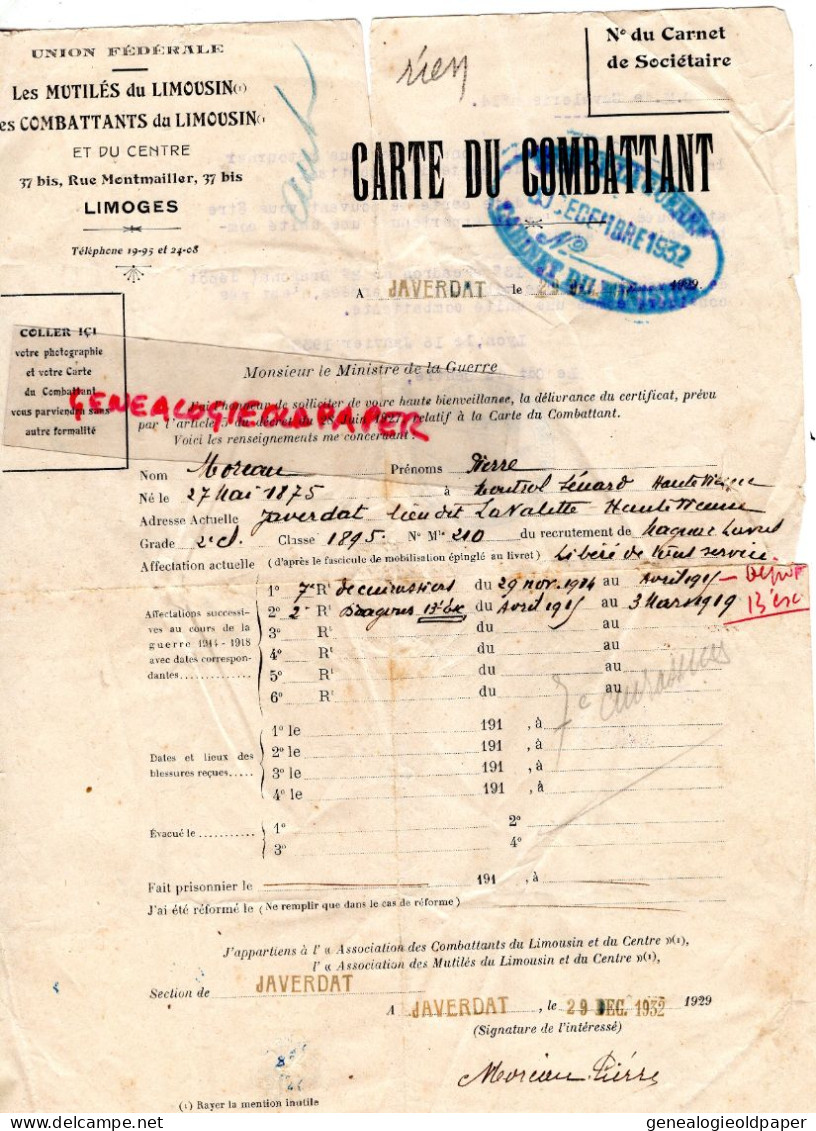 87- JAVERDAT-LAVALETTE- MONTROL SENARD- CARTE COMBATTANT PIERRE MOREAU -GUERRE 1914-1918- DRAGONS- COMBATTANTS LIMOUSIN - Documents Historiques