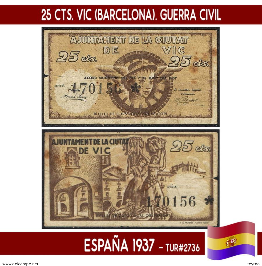 C0846.1# España 1937. 25 Cts. Vic (Barcelona) (VF) TUR#2736 - 1-2 Pesetas