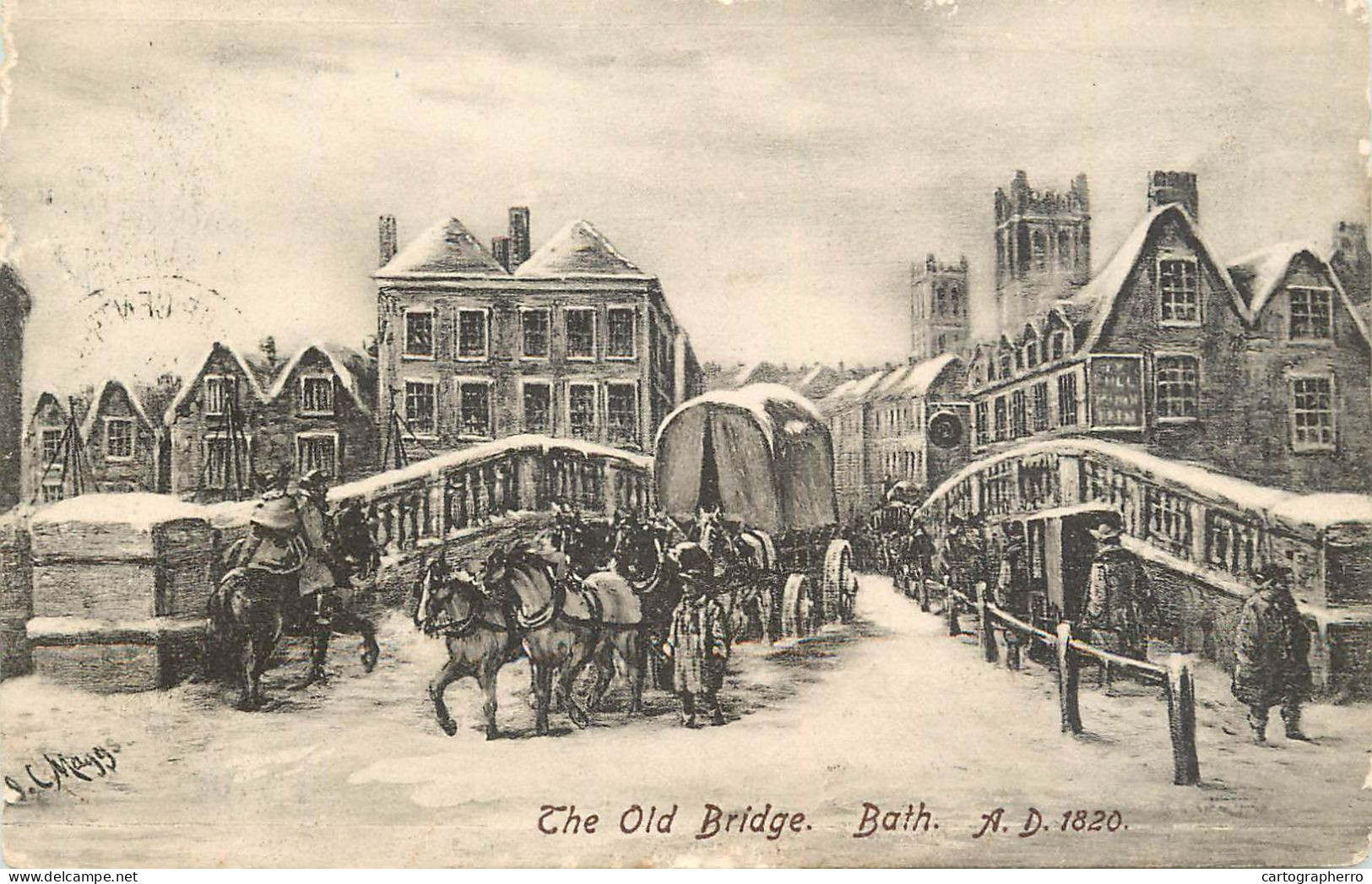 England Bath - The Old Bridge A.D 1820 Signed Illustration - Bath