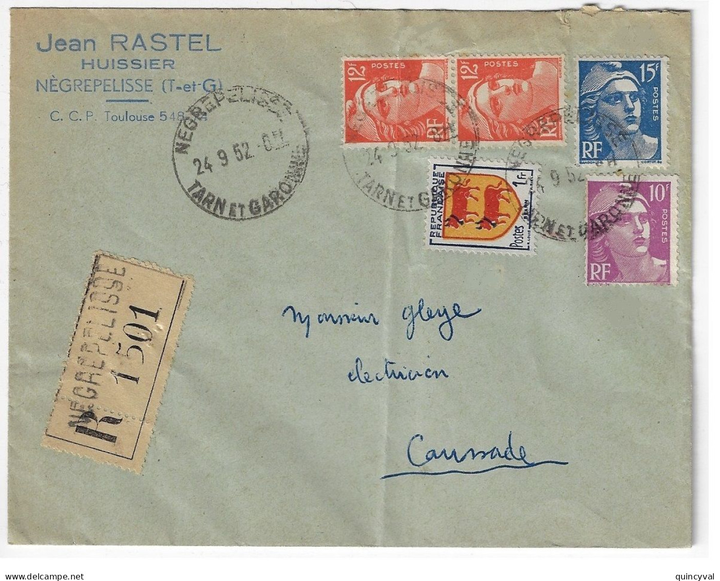 NEGREPELISSE Tarn-Garonne Lettre Recommandée Gandon 12F Orange 15F Bleu 10F Violet 1F Bearn Yv 885 886 811 901 Ob 1952 - Storia Postale