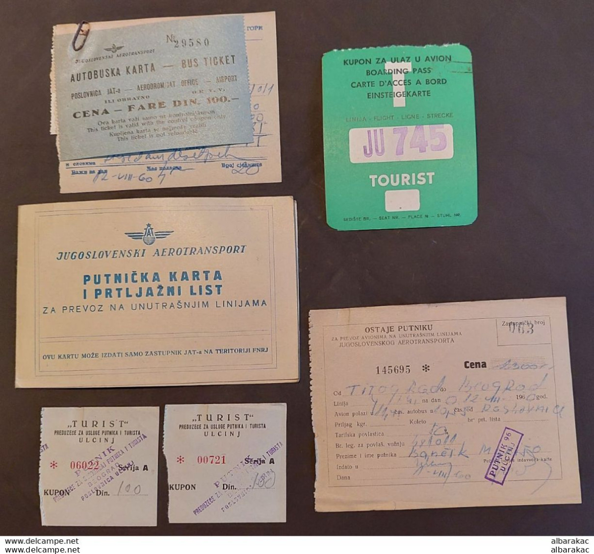 FNR Yugoslavia 1960 - Air JAT Travel Ticket And Luggage Certificate , Boarding Pass , Airport BUS Ticket - Billetes