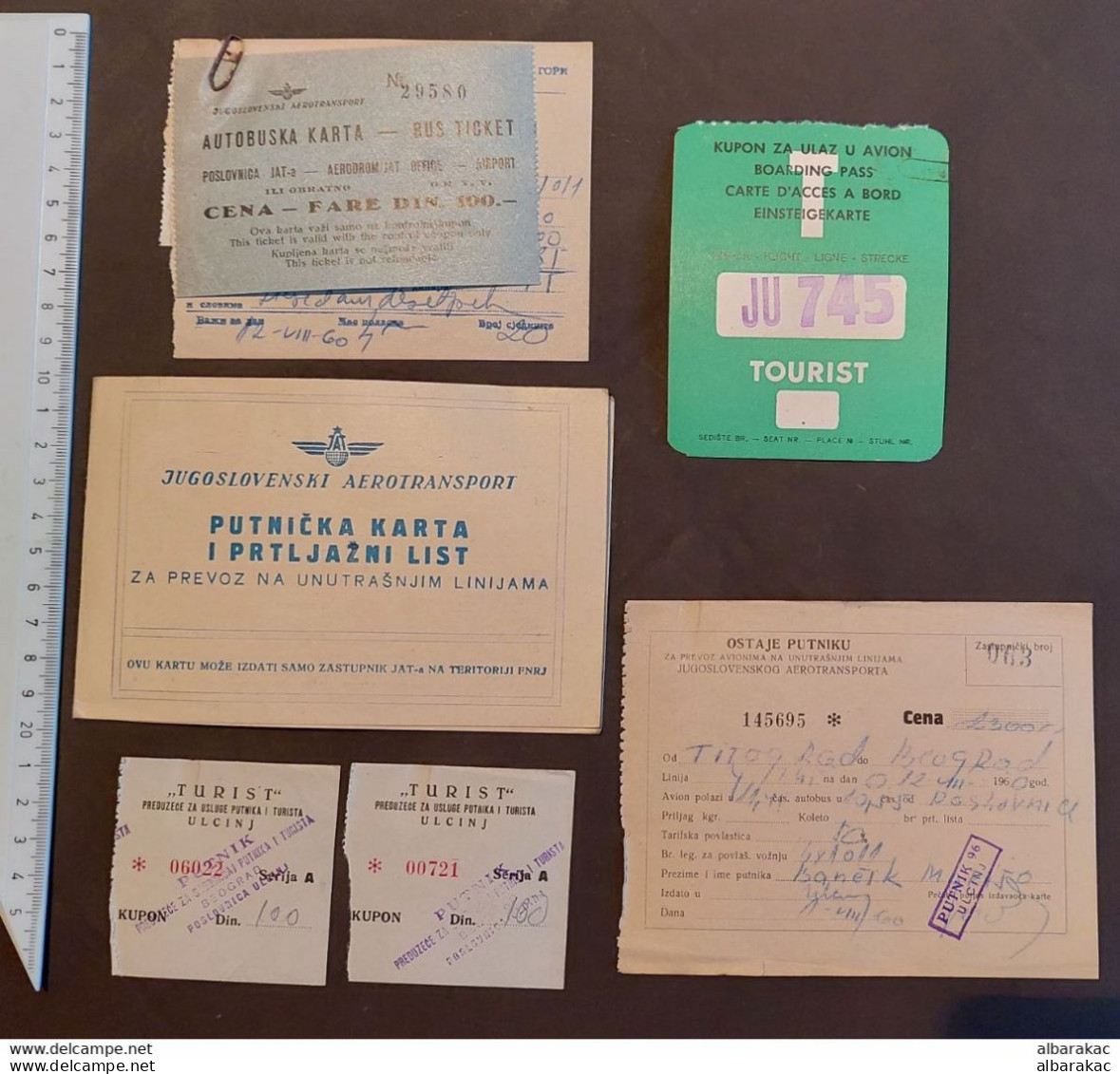 FNR Yugoslavia 1960 - Air JAT Travel Ticket And Luggage Certificate , Boarding Pass , Airport BUS Ticket - Tickets