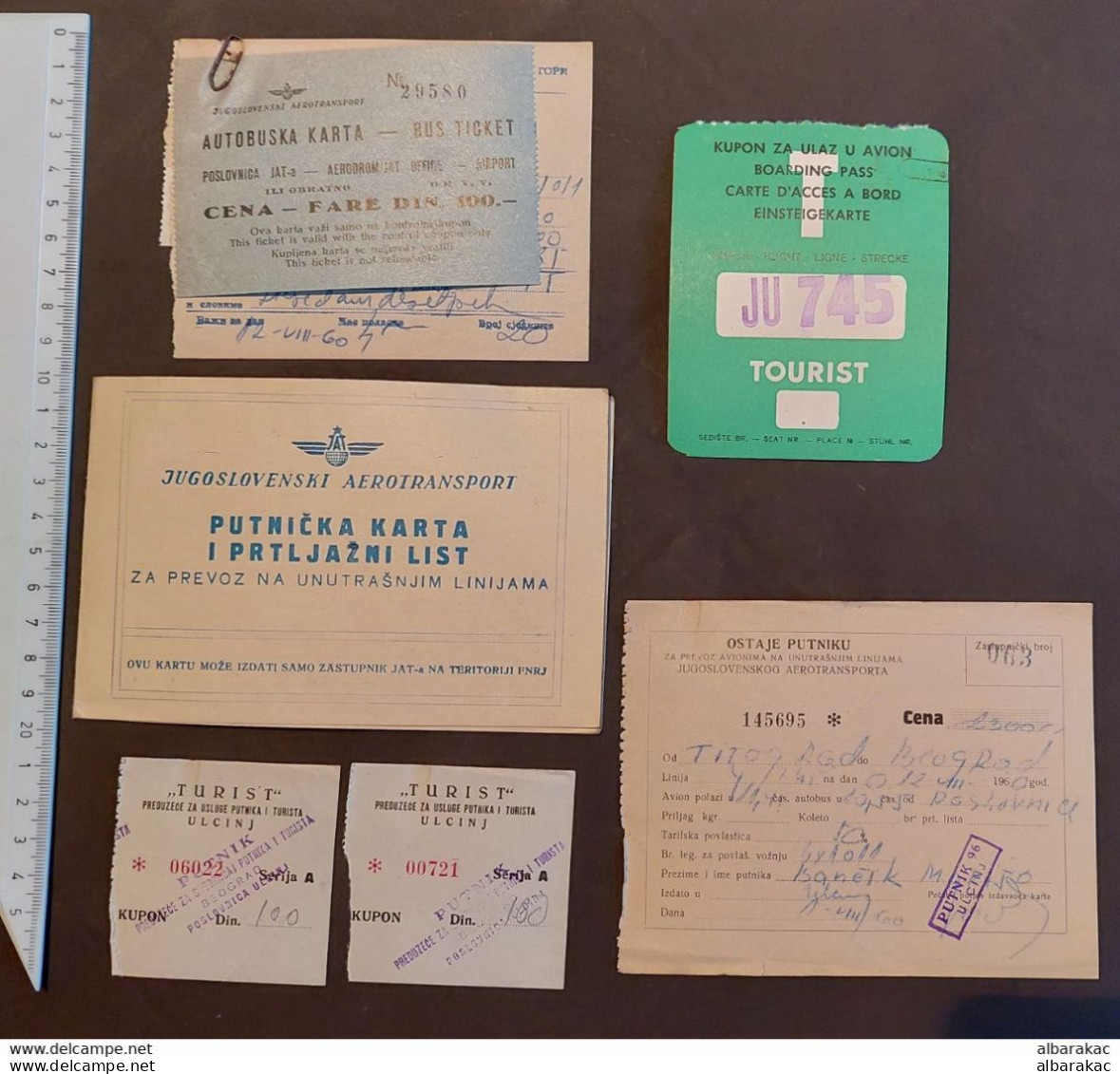 FNR Yugoslavia 1960 - Air JAT Travel Ticket And Luggage Certificate , Boarding Pass , Airport BUS Ticket - Billetes