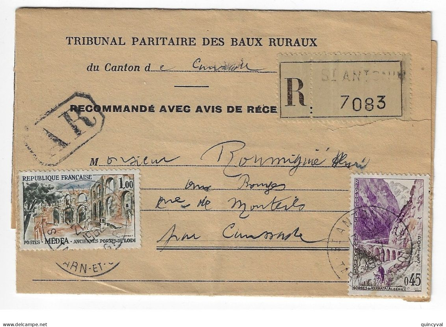 St ANTONIN Tarn Et Garonne Lettre Recommandée Avec AR 1 F Medea 45c Gorge Kerrata Yv 1318 1237 Ob 1962 - Storia Postale