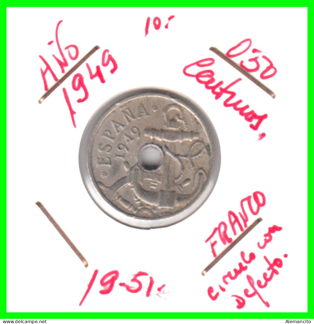 ESPAÑA ( EUROPA )  MONEDA 0,50 CENTIMOS. ESTADO ESPAÑOL FRANCO DEL AÑO 1949 *19-51* CECA: MADRID METAL: NIQUEL - 50 Céntimos